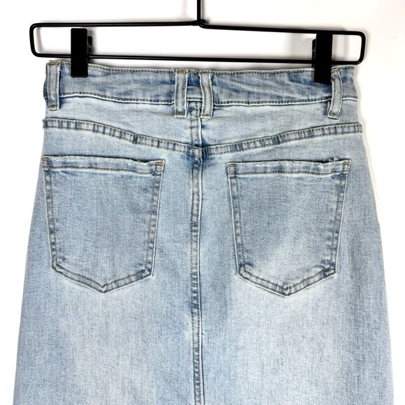 OAT New York Denim Midi Skirt 2 / 26 Blue Light Wash Front Slit Stretch - Picture 4 of 14